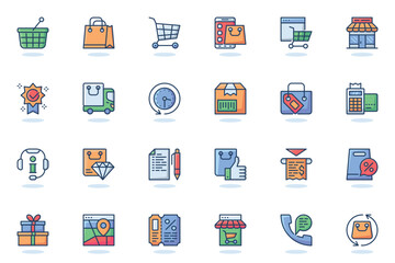 Leinwandbilder - Online shopping web flat line icon. Bundle outline pictogram of packages, mobile app, shop, gift, sale, money, coupon, payment, discount concept. Vector illustration of icons pack for website design
