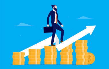 Aufkleber - Businessman money growth - Man walking up stairs made of money, metaphor for profits and making money. Vector illustration.