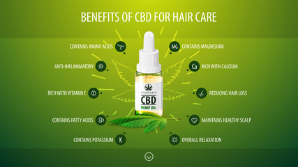 Medical benefits of cbd for hair care, green infographic poster with icons of medical benefits and Glass transparent bottle of Medical cbd oil