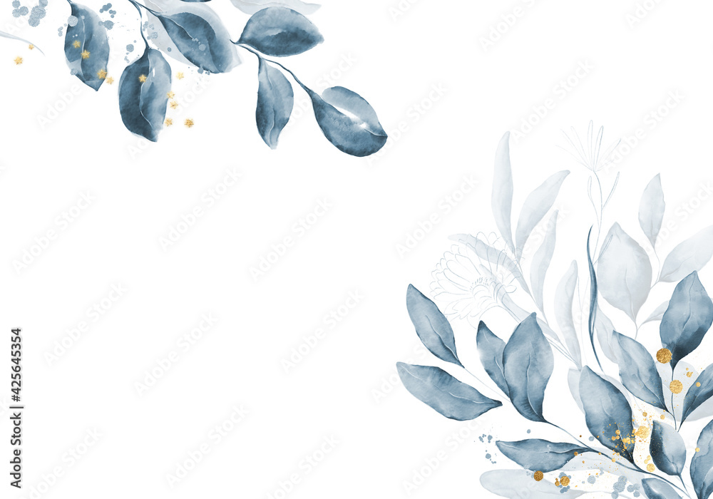 Pale blue leaves - botanical design banner. Floral pastel watercolor border frame. - obrazy, fototapety, plakaty 