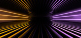 Fototapeta Przestrzenne - Sci Fy neon lamps in a dark tunnel. Reflections on the floor and walls. 3d rendering image.
