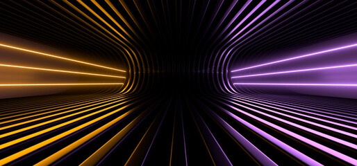 Fototapete - Sci Fy neon lamps in a dark tunnel. Reflections on the floor and walls. 3d rendering image.