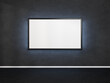 Horizontal picture hanging on dark concrete wall. Poster with a black frame. 3D rendering mockup of tv with a backlight.