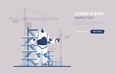 Poster - modern robot foreman engineer against construction site with building tower cranes artificial intelligence technology