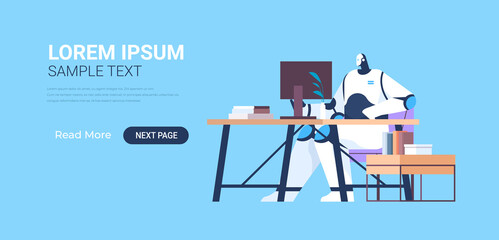 Poster - modern robot working on computer at workplace artificial intelligence technology concept