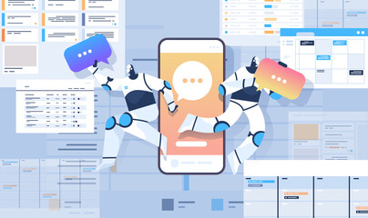Poster - robots with chat bubbles using online mobile chatting app online communication artificial intelligence