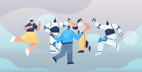 Poster - modern robots with businesspeople holding hands standing together in row unity teamwork artificial intelligence