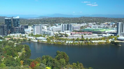 Canvas Print - Aerial view of Belconnen Town Centre and Lake Ginninderra on a sunny day in Canberra, Australia 