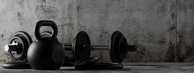 Fitness gym dumbbells and kettlebells with chrome handle and black plates in concrete room background, muscle exercise, bodybuilding or fitness concept