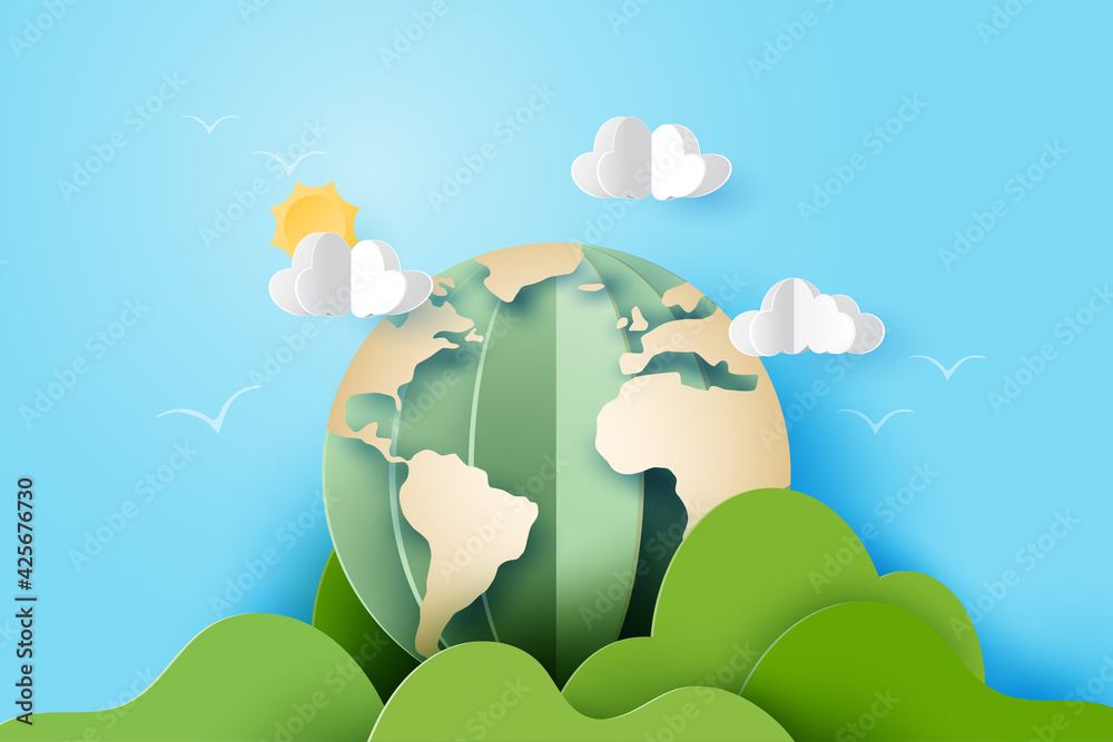 3d Paper art abstract template background.Green earth with mountains, clouds and sun on blue sky. - obrazy, fototapety, plakaty 