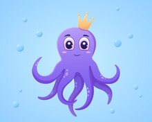 Vector Cute Purple Octopus With A Crown On His Head. Octopus In The Ocean In Cartoon Style. Sea Animal
