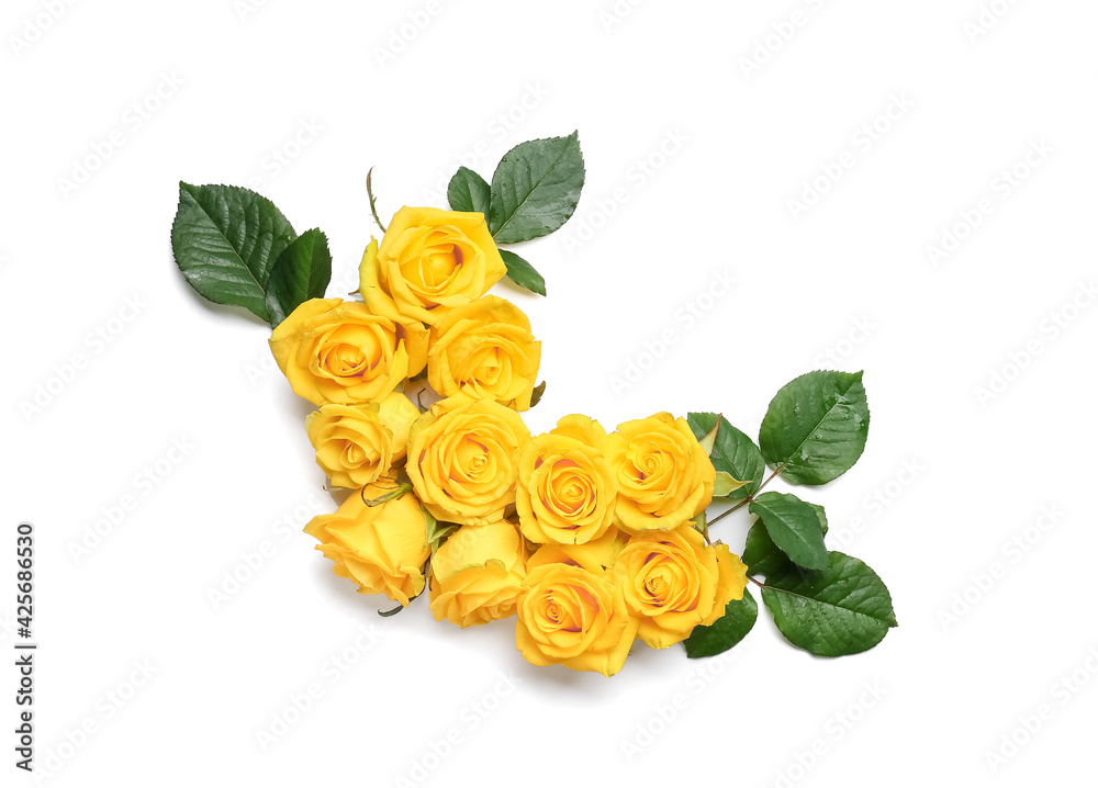 Fresh yellow roses with green leaves on white background