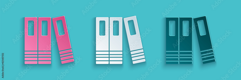 Paper cut Office folders with papers and documents icon isolated on blue background. Office binders. Archives folder sign. Paper art style. Vector - obrazy, fototapety, plakaty 
