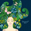 Beautiful floral background. Summer and spring concept with girl in dream, hair of leaves, colorful flower, butterflies. For women's day on march 8, cover social network, wedding. Vector illustration.