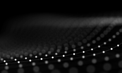 Abstract black and white digital background with connected cybernetic particles