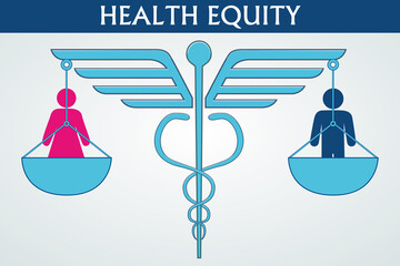 Health equity illustration vector. A design consisting of a caduceus symbol, balances, and human icons. Man and woman on balance. Health and healthcare concept.