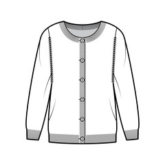 Wall Mural - Round neck cardigan technical fashion illustration with button closure, long sleeves, oversized, hip length, knit rib trim. Flat Sweater apparel front, white color style. Women, men unisex CAD mockup