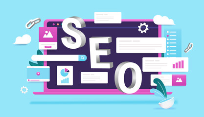 Aufkleber - SEO - Search engine optimisation illustration with laptop computer and web elements in colourful 3d vector style.
