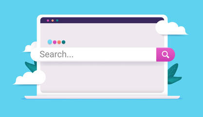 Poster - Search bar on computer - Vector illustration of white laptop with browser and search popping out of screen. Searching web and internet concept.
