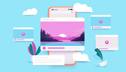 Poster - Watching videos on smartphone - Phone with movie and viral content elements. Video advertisement concept. 3d vector illustration.
