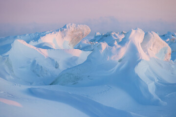 Wall Mural - winter arctic landscape. cold frosty winter weather. harsh polar climate. ice hummocks on the frozen