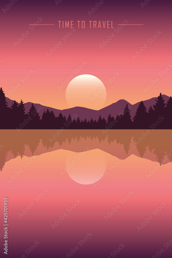 time to travel peaceful lake with mountain and forest view - obrazy, fototapety, plakaty 