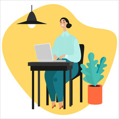 The girl works at the laptop. Working online concept. Cute vector character