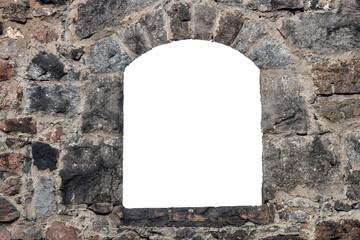 Poster - old wall made of old bricks with a hole in the middle. isolated on white background. grunge frame. horizontal frame
