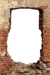 Canvas Print - old red brick wall with a hole in the middle. isolated on white background.