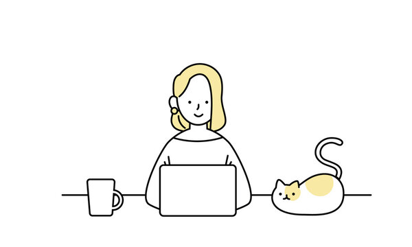 自宅のリビングで猫とリモートワークする女性のイラスト