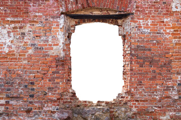 Poster - red brick wall with a hole in the middle. isolated on white background. grunge frame. horizontal frame