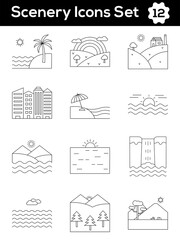 Sticker - Black Line Art Set of Scenery Icon In Flat Style.