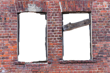 Poster - destroyed wall of old bricks with a hole in the middle. isolated on white background. grunge frame. vertical frame