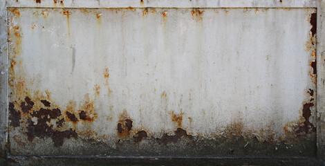 white metal surface of a plank with frame, dirty and rusty on the bottom - blank worn zombie background