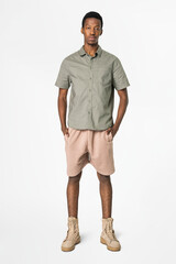 Wall Mural - African American man in gray shirt and shorts casual wear fashion