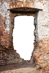 Poster - red brick wall with a hole in the middle. isolated on white background. grunge frame. vertical frame