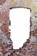Poster - destroyed wall with a red brick hole in the middle. isolated on white background. vertical frame. grunge frame