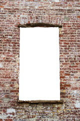 Poster - red brick wall with a hole in the middle. isolated on white background. grunge frame. vertical frame
