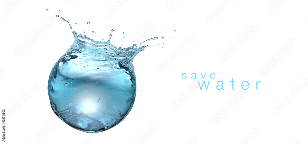 Water sphere with droplets and splash on flat white background - obrazy, fototapety, plakaty 