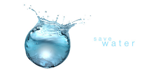 Wall Mural - water sphere with droplets and splash on flat white background
