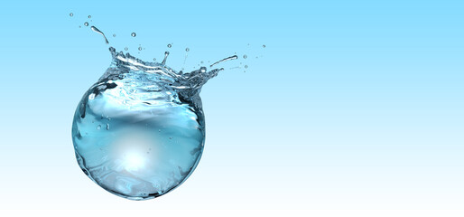 Wall Mural - water sphere with droplets and splash on blue gradient background