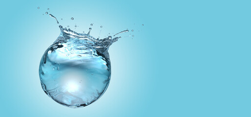 Wall Mural - water sphere with droplets and splash on blue background