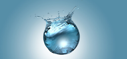 Wall Mural - water sphere with droplets and splash on blue background
