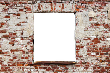 Poster - wall of old red brick with a hole. isolated on white background. grunge frame. horizontal frame