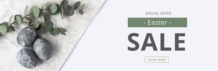 Wall Mural - Easter sale banner with easter eggs and eucalyptus.