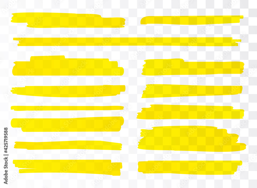 Highlight brush underline yellow marker vector pen. Stroke highligher color set - obrazy, fototapety, plakaty 
