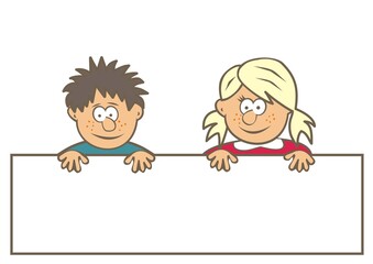 Wall Mural - Two kids with banners, boy and girl, funny vector illustration