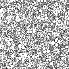 Wall Mural - Wild flowers and grass, black and white outlined vector pattern