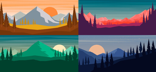 Wall Mural - Set of cartoon mountain landscape in flat style. Mountain landscape with fir trees. Design element for poster, card, banner, flyer. Vector illustration