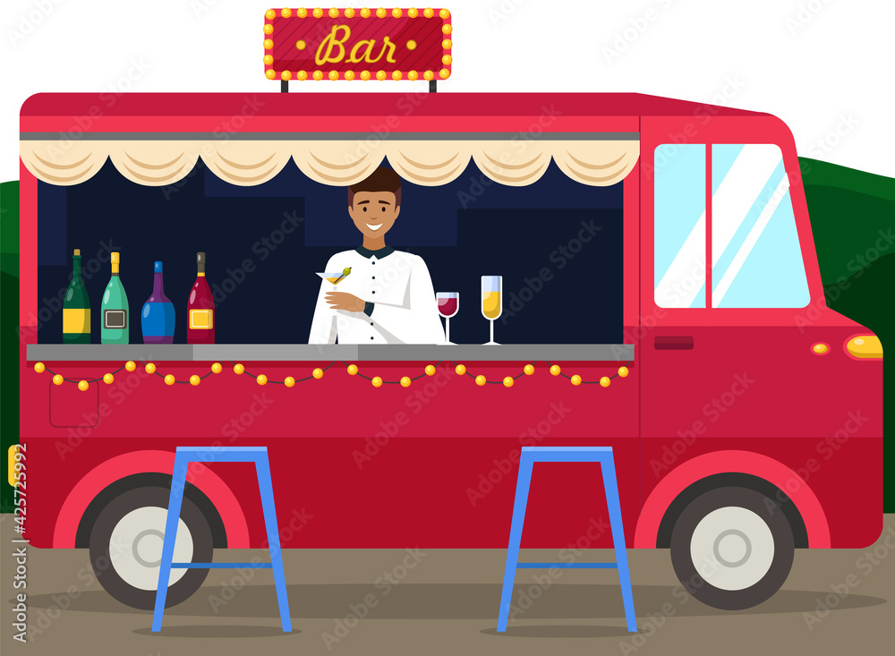 Truck with bartender making alcohol drink for young people. Men buying cocktails from outdoor bar - obrazy, fototapety, plakaty 